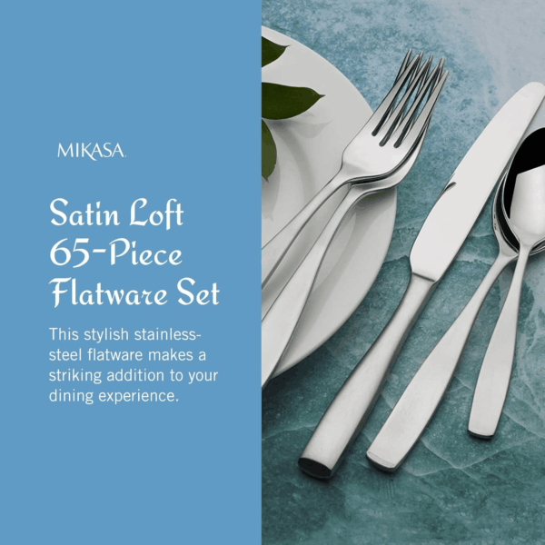 , Satin Loft Flatware Service for 12, 65 Piece Set, 18/10 Stainless Steel, Silverware Set with Serving Utensils - Image 2