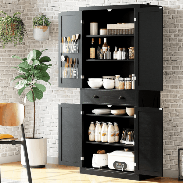Kitchen Pantry Storage Cabinet 72.6" H, with Barn Doors, Drawer, 4 Adjustable Shelves, Freestanding Cupboard for Dining Room Living Room, Laundry, Black - Image 9