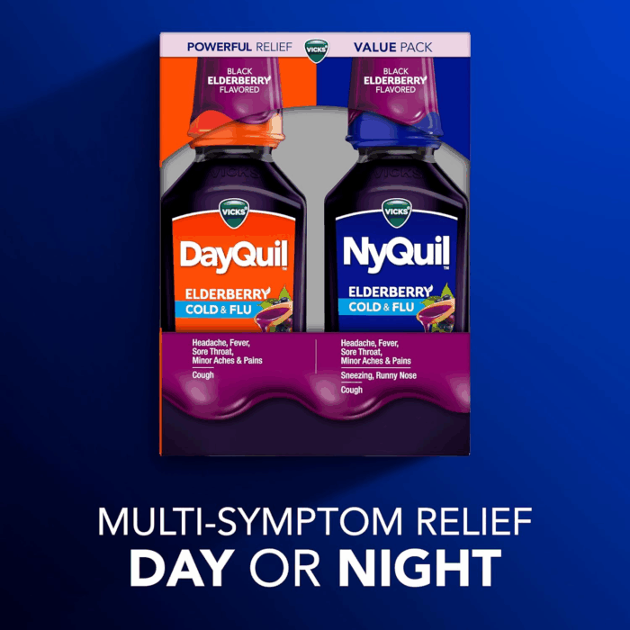 Dayquil & Nyquil Elderberry Flavor Cold & Flu Liquid Medicine Co-Pack, Multi-Symptom Relief of Headache, Fever, Sore Throat, Minor Aches & Pains, Sneezing, Runny Nose, and Cough, 2X12Oz - Image 3
