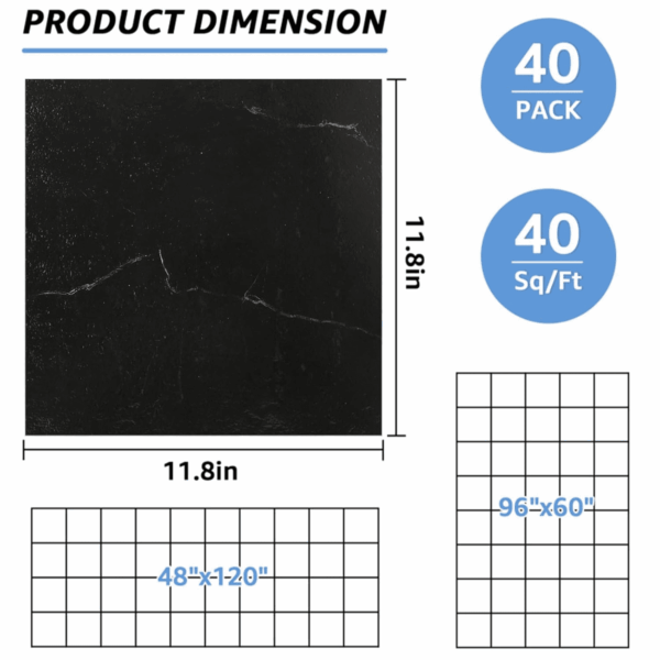 40 Sheet Vinyl Flooring 12X12 Peel and Stick Floor Tile Waterproof Clearance Vinyl Floor Tiles Black Marble Self Adhesive Floor Tiles Sticky Laminate Flooring for Bathroom Kitchen Basement RV - Image 2