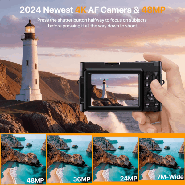 4K Digital Camera for Photography Auto-Focus Vlogging Camera for Youtube Video with 3'' 180° Flip Screen 16X Anti-Shake 4K Camera Compact Cameras with SD Card, Flash, 2 Batteries & Battery Charger - Image 3
