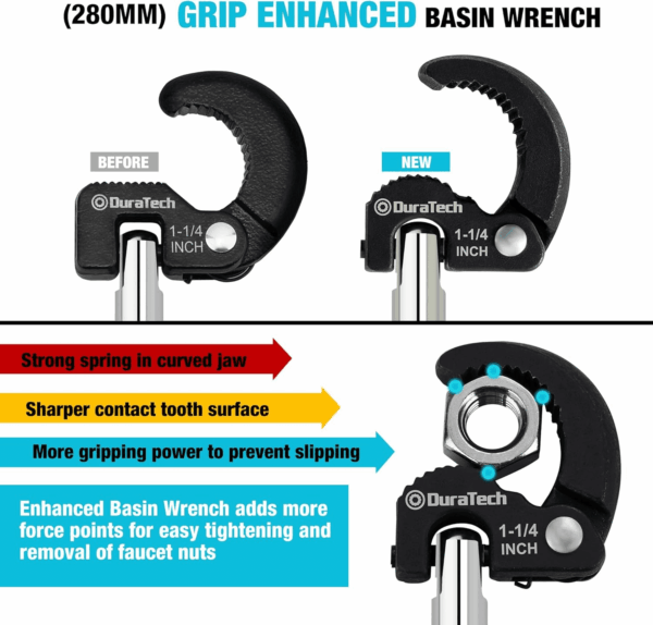 11" Basin Wrench, Sink Wrench, Adjustable Tap Nut Spanner Basin Spanner, Capacity of 3/8" to 1-1/4" for Fixing Back and Union Nuts under Sink - Image 2