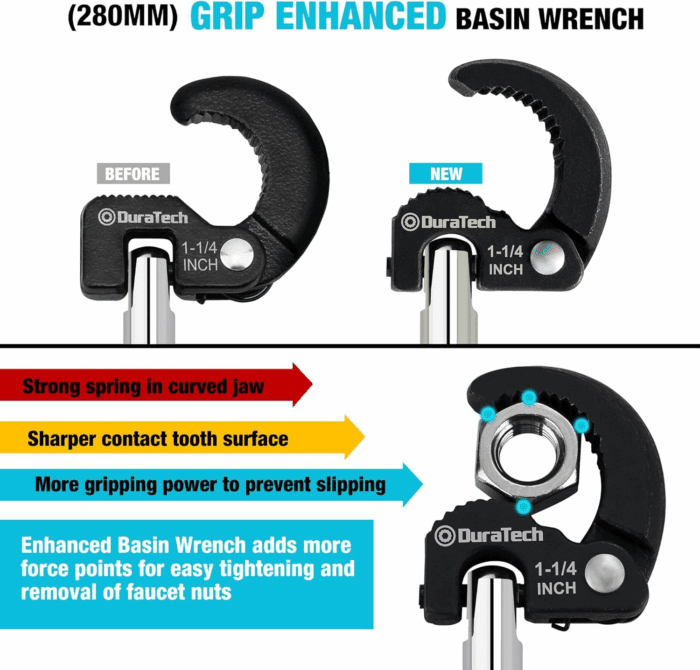 11" Basin Wrench, Sink Wrench, Adjustable Tap Nut Spanner Basin Spanner, Capacity of 3/8" to 1-1/4" for Fixing Back and Union Nuts under Sink - Image 2