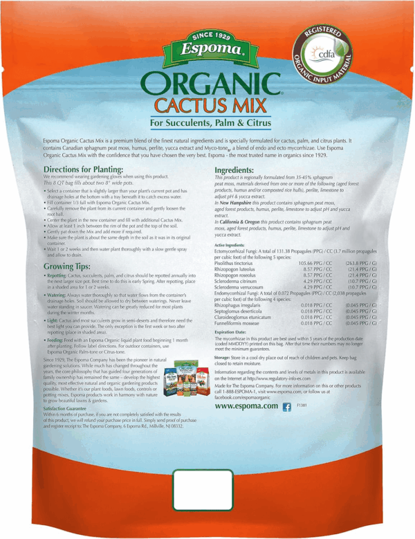 Organic Cactus Potting Soil Mix, Natural & Organic Soil for Cactus, Succulent, Palm, and Citrus Grown in Containers Both Indoors and Outdoors, 4 Qt, Pack of 1 - Image 2