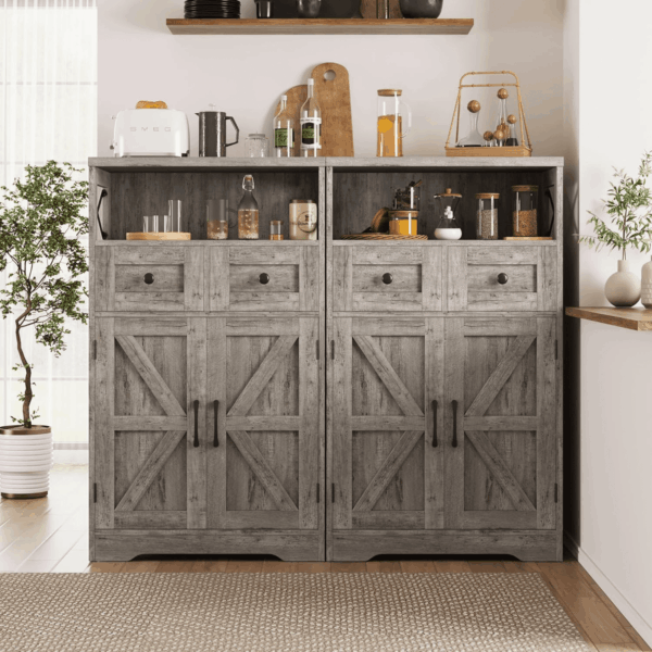 Farmhouse Storage Cabinet with Drawers and Adjustable Shelves, Freestanding Kitchen Pantry Storage Cabinet, Floor Storage Cupboard for Dining Living Room Home Office, Washed Grey - Image 5