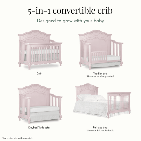 Aurora 5-In-1 Convertible Crib in Dusty Rose, Greenguard Gold Certified, Features 3 Mattress Height Settings, Sturdy and Spacious Baby Crib, Wooden Furniture - Image 6