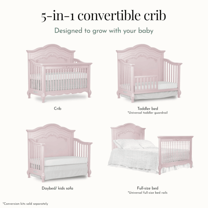 Aurora 5-In-1 Convertible Crib in Dusty Rose, Greenguard Gold Certified, Features 3 Mattress Height Settings, Sturdy and Spacious Baby Crib, Wooden Furniture - Image 6