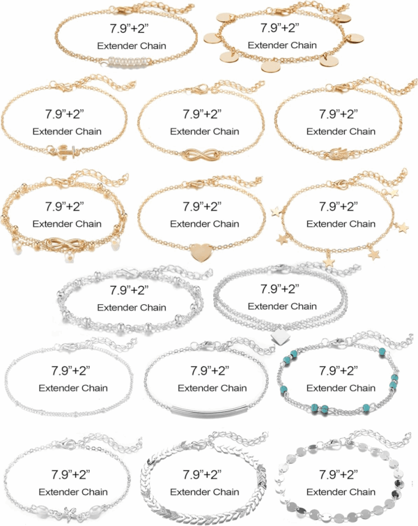 16Pcs Ankle Bracelets for Women Gold Silver Two Style Chain Beach Anklet Bracelet Jewelry Anklet Set,Adjustable Size - Image 5