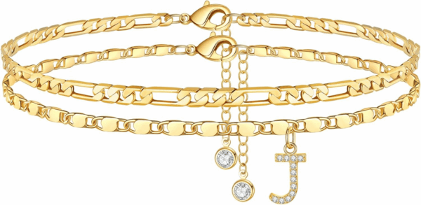 Ankle Bracelets for Women, 14K Gold Plated Dainty Layered Chain CZ Initial Anklets Set Summer Jewelry Gifts for Women