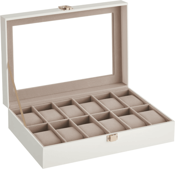 Watch Box, 12-Slot Watch Case with Large Glass Lid, Removable Watch Pillows, Watch Box Organizer, Gift for Loved Ones, Cloud White Synthetic Leather, Cappuccino Beige Lining UJWB120W01 - Image 7