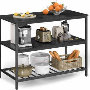Kitchen Island with 3 Shelves, 47.2 Inches Width Kitchen Shelf with Large Worktop, Stable Steel Structure, Industrial, Easy to Assemble, Ebonised Oak and Black UKKI001B42