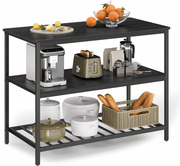 Kitchen Island with 3 Shelves, 47.2 Inches Width Kitchen Shelf with Large Worktop, Stable Steel Structure, Industrial, Easy to Assemble, Ebonised Oak and Black UKKI001B42