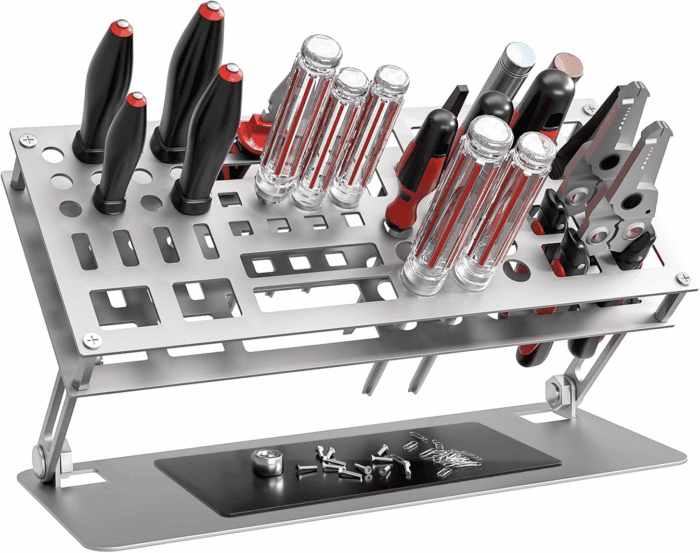 Screwdriver Organizer Holder Screw-Driver Storage Rack for Desktop, Angle and Height Adjustable, Carbon Steel Tool Holding Shelf for Rc Repair, Plier (Silver)