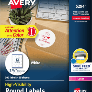 High Visibility Printable round Labels with Sure Feed, 2.5" Diameter, White, 300 Customizable Blank Labels Total (5294)