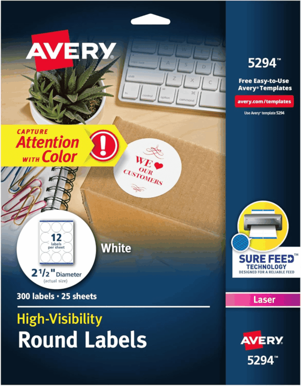 High Visibility Printable round Labels with Sure Feed, 2.5" Diameter, White, 300 Customizable Blank Labels Total (5294)