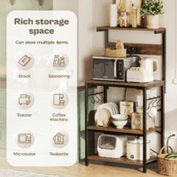 Kitchen Bakers Rack with Power Outlet, Coffee Bar Table 4 Tiers, Kitchen Microwave Stand with 6 S-Shaped Hooks, Kitchen Storage Shelf Rack for Spices, Pots and Pans - Rustic Brown - Image 7