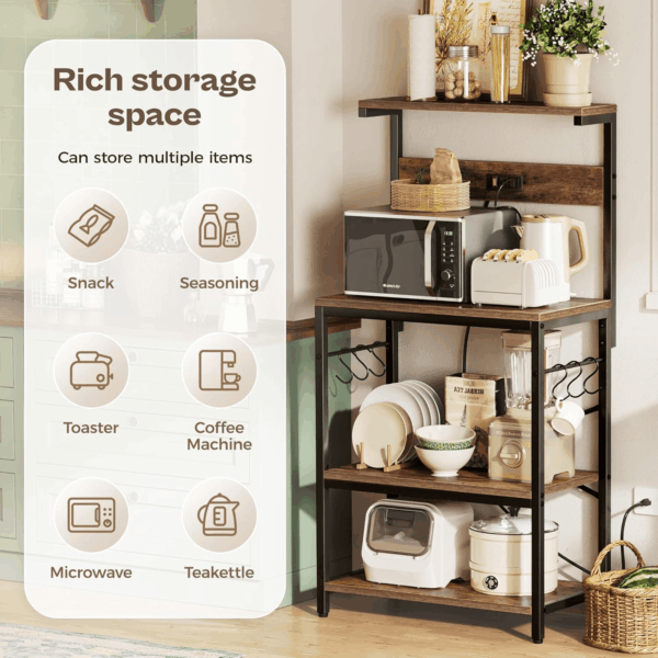 Kitchen Bakers Rack with Power Outlet, Coffee Bar Table 4 Tiers, Kitchen Microwave Stand with 6 S-Shaped Hooks, Kitchen Storage Shelf Rack for Spices, Pots and Pans - Rustic Brown - Image 7