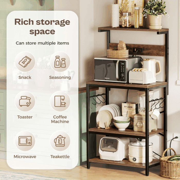 Kitchen Bakers Rack with Power Outlet, Coffee Bar Table 4 Tiers, Kitchen Microwave Stand with 6 S-Shaped Hooks, Kitchen Storage Shelf Rack for Spices, Pots and Pans - Rustic Brown - Image 7