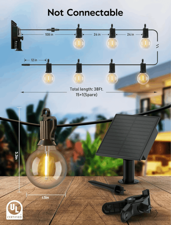 Solar Outdoor Lights - 38 FT Solar String Lights with USB Port and Cable Ties, Commercial Shatterproof G40 LED Bulbs, Waterproof Hanging Patio Light for Backyard Porch Bistro Decor - Image 2