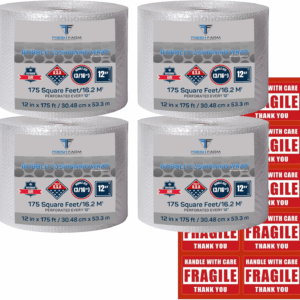Bubble Cushioning Wrap 700 Ft² (2 Rolls of 350 or 4 Rolls of 175 Ft X 12" Wide) - 3/16" Small Bubble - Perforated Every 12''- with 10 Fragile Stickers by