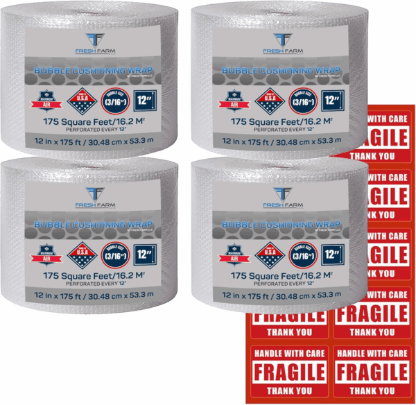 Bubble Cushioning Wrap 700 Ft² (2 Rolls of 350 or 4 Rolls of 175 Ft X 12" Wide) - 3/16" Small Bubble - Perforated Every 12''- with 10 Fragile Stickers by