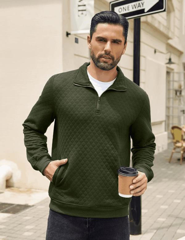 Mens Quarter Zip Pullover Quilted Sweatshirt Knit Long Sleeve Mock Neck Sweater Polo with Pocket - Image 2