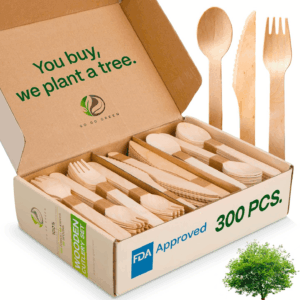 100% Compostable Cutlery Set - 300 Pieces Wooden Compostable Utensils [120 Forks, 90 Knives, 90 Spoons] - Disposable Wooden Cutlery, Eco Friendly Forks and Spoons Disposable Cutlery Set Party Utensils