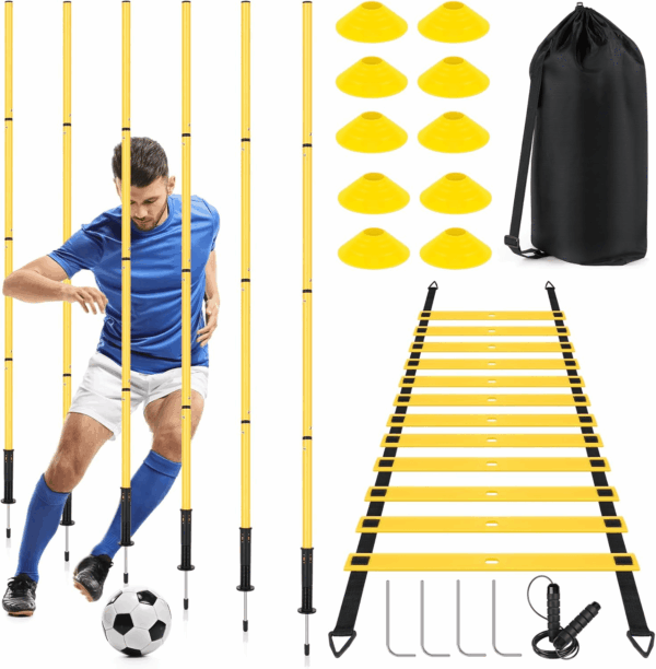 Soccer Agility Training Equipment: 6 Soccer Agility Poles, 20Ft Agility Ladder, 10 Soccer Cones, 1 Jump Rope. Soccer Training Poles for Speed Training, Agility Training