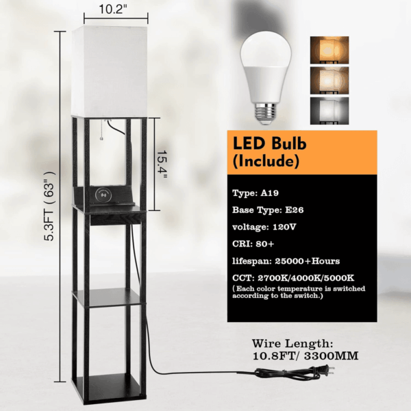Floor Lamp with Shelves,  LED Shelf Floor Lamp with Wireless Charger & 2 Charging USB Ports & Drawer, AC Outlet, 3 Color Temperature Tall Standing Lamp with Bulb for Living Room, Bedroom, Office - Image 5