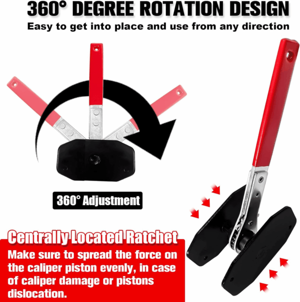 Brake Caliper Compression Tool,Caliper Piston Compressor Tool 4 in 1 Universal Disc Brake Pad Spreader,360° Swing Ratchets,Automotive Tools with 4 Break Caliper Hangers,Red - Image 4