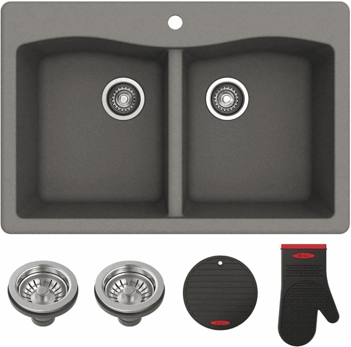 Forteza™ 33” Dual Mount 50/50 Double Bowl Granite Kitchen Sink in Grey, KGD-52GREY - Image 2