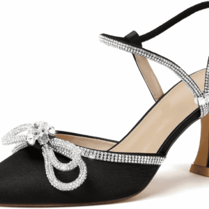 Women'S Closed Toe Rhinstone Wedding Low Heel Slingback Clear Kitten Heels,Adjustable Strap Pointed Toe Bow Pumps High Heeled Prom Dress Shoes