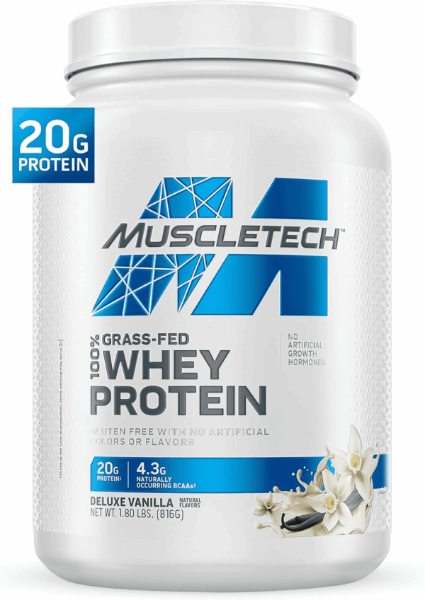 Grass-Fed Whey Protein Powder (Deluxe Vanilla, 1.8LB) - Whey Protein Smoothie & Milk Shake Mix Supports Muscle Gain & Recovery - 20G of Whey Protein for Women & Men - Non-Gmo & Gluten-Free