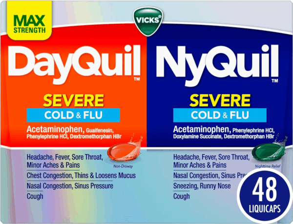 Dayquil & Nyquil SEVERE Co-Pack, Cold & Flu Medicine, Powerful Relief for Headache, Fever, Sore Throat, Minor Aches & Pains, Congestion, Sinus Pressure, Stuffy Nose, and Cough, 48 Liquicaps