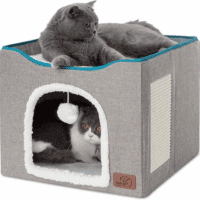 Cat Beds for Indoor Cats - Large Cat Cave for Pet Cat House with Fluffy Ball Hanging and Scratch Pad, Foldable Cat Hideaway,16.5X16.5X13 Inches, Grey