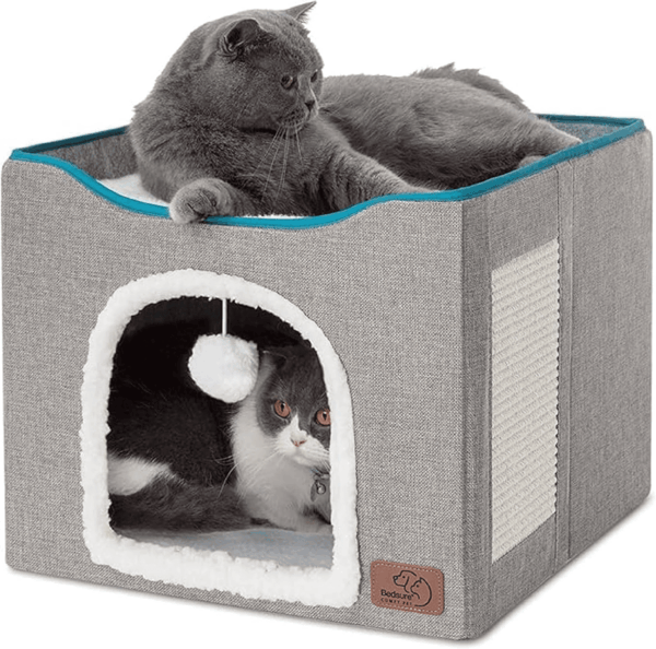 Cat Beds for Indoor Cats - Large Cat Cave for Pet Cat House with Fluffy Ball Hanging and Scratch Pad, Foldable Cat Hideaway,16.5X16.5X13 Inches, Grey