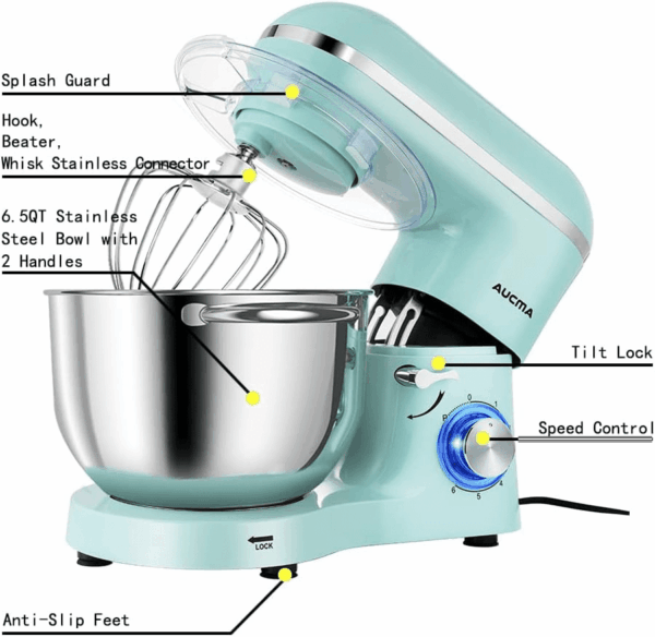 Stand Mixer,6.5-Qt 660W 6-Speed Tilt-Head Food Mixer, Kitchen Electric Mixer with Dough Hook, Wire Whip & Beater (6.5QT, Blue) - Image 2