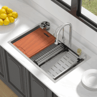 33 Waterfall Kitchen Sink - 33X22 Drop in Sinks Stainless Steel Single Bowl 16 Gauge Smart Workstation Sink with Faucet Combo Glass Rinser Topmount Multifunctional Waterfall Sinks - Image 2