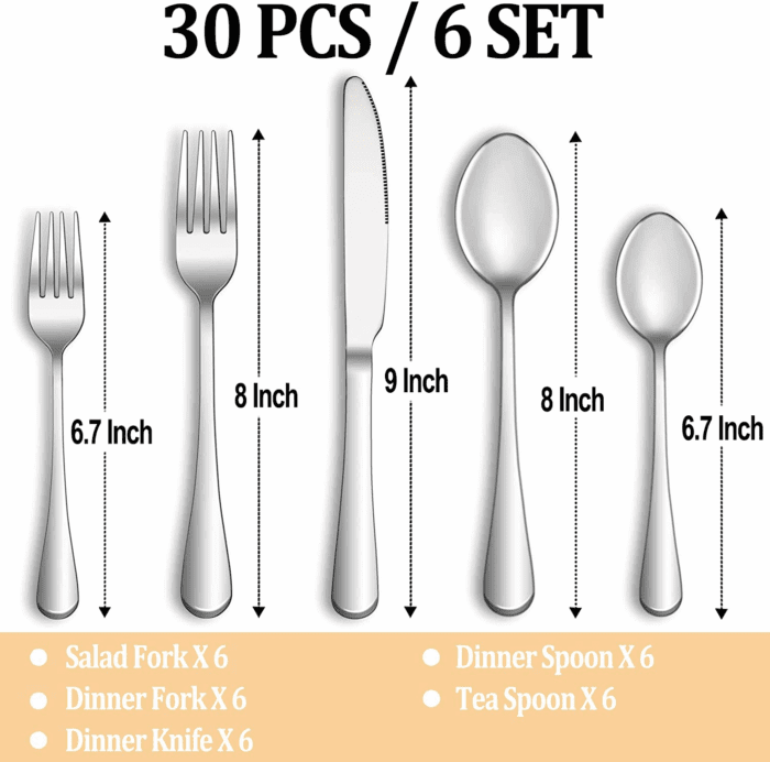 30 Pcs Silverware Set Service for 6,Premium Stainless Steel Flatware Set,Mirror Polished Cutlery Utensil Sets,Durable Kitchen Eating Tableware Sets,Include Fork Knife Spoon,Dishwasher Safe - Image 2