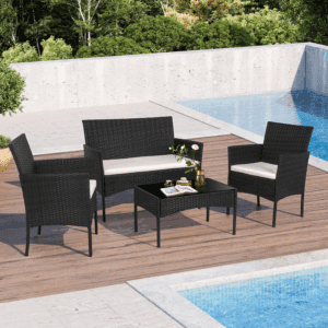 4 Piece Outdoor Patio Furniture Sets, Small Wicker Patio Conversation Furniture Rattan Chair Set with Tempered Glass Coffee Table for Backyard Porch Garden Poolside Balcony