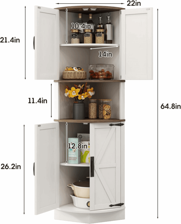 64.8" Tall Farmhouse Corner Cabinet with 4 Doors and 5 Storage Shelves, Farmhouse Storage Cabinet with Barn Door Design, Home Space Saver for Living Room, Kitchen, Laundry Room,White - Image 2