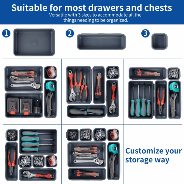 45 Pack Tool Box Organizer Tray, 3-Sizes Tool Box Organizers and Storage, for Hammer, Wrench, Screw, Small Parts Toolbox Organization, Tool Cart Chest Garage Drawer Organizer Tray, Grey - Image 6