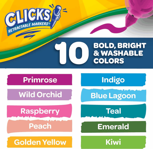 Clicks Retractable Markers (10Ct), No Dry Washable Markers for Kids, Bold Colors, Click Markers for School, Easter Basket Stuffers & Gifts for Kids - Image 7