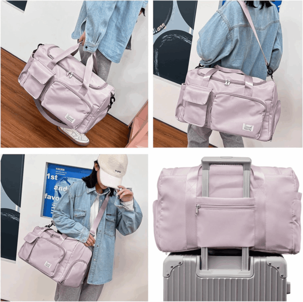 Travel Duffel Bag with Shoes Compartment Sports Gym Bag with Dry Wet Separated Pocket for Men and Women, Overnight Bag Weekender Bag Training Handbag Yoga Bag - Brown Pink - Image 7