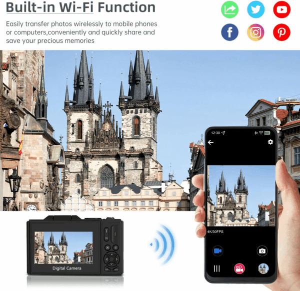 Digital Cameras for Photography, Vlogging Camera for Youtube with Autofocus 3'' 180° Flip Screen Selfie Wifi Camera 18X Digital Zoom Flash Light 2 Batteries & 32GB SD Card - Image 6