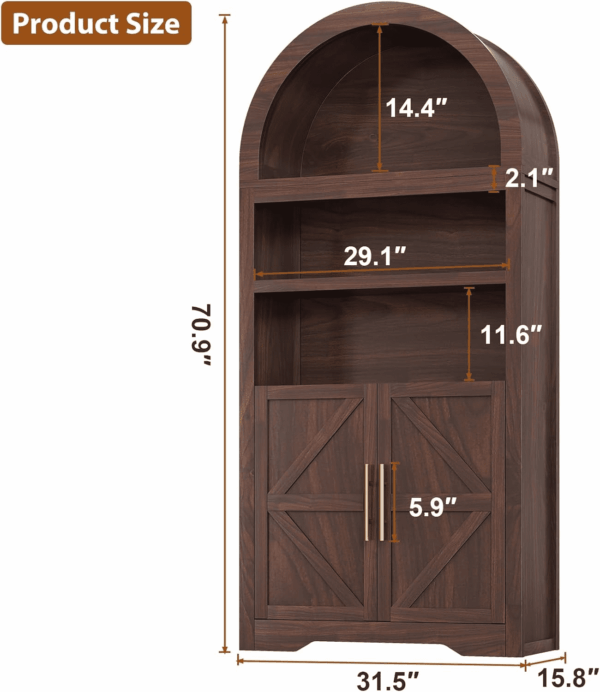 Arched Bookshelf Bookcase China Pantry Storage Cabinet with Doors and Shelves,Kitchen Pantry Cabinet,71“ Tall Food Pantry Furniture for Living Room, Dining Room (Brown) - Image 2