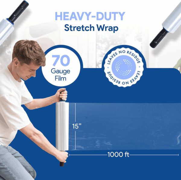 70 Gauge 15" Plastic Stretch Film/Wrap with Extended Handles 1000Ft Clear Moving Industrial Packing Heavy Duty Shrink Cling Durable Furniture (Extended Handles, 2 Pack) - Image 5