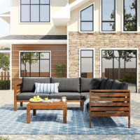 Outdoor Acacia Wood Sectional Sofa Set with Coffee Table and Removable Cushion, Wood Structure Furniture Set, Patio Conversation Set, Water-Resistant, UV Protected, Strong Metal Accessories, Grey - Image 3