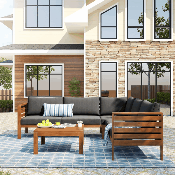 Outdoor Acacia Wood Sectional Sofa Set with Coffee Table and Removable Cushion, Wood Structure Furniture Set, Patio Conversation Set, Water-Resistant, UV Protected, Strong Metal Accessories, Grey - Image 3