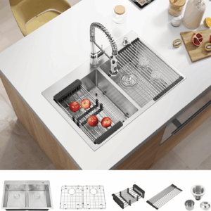 33 Inch Large Double Bowls Drop in Kitchen Sink,Nano Coating Stainless Steel Handmade Topmount Kitchen Sink